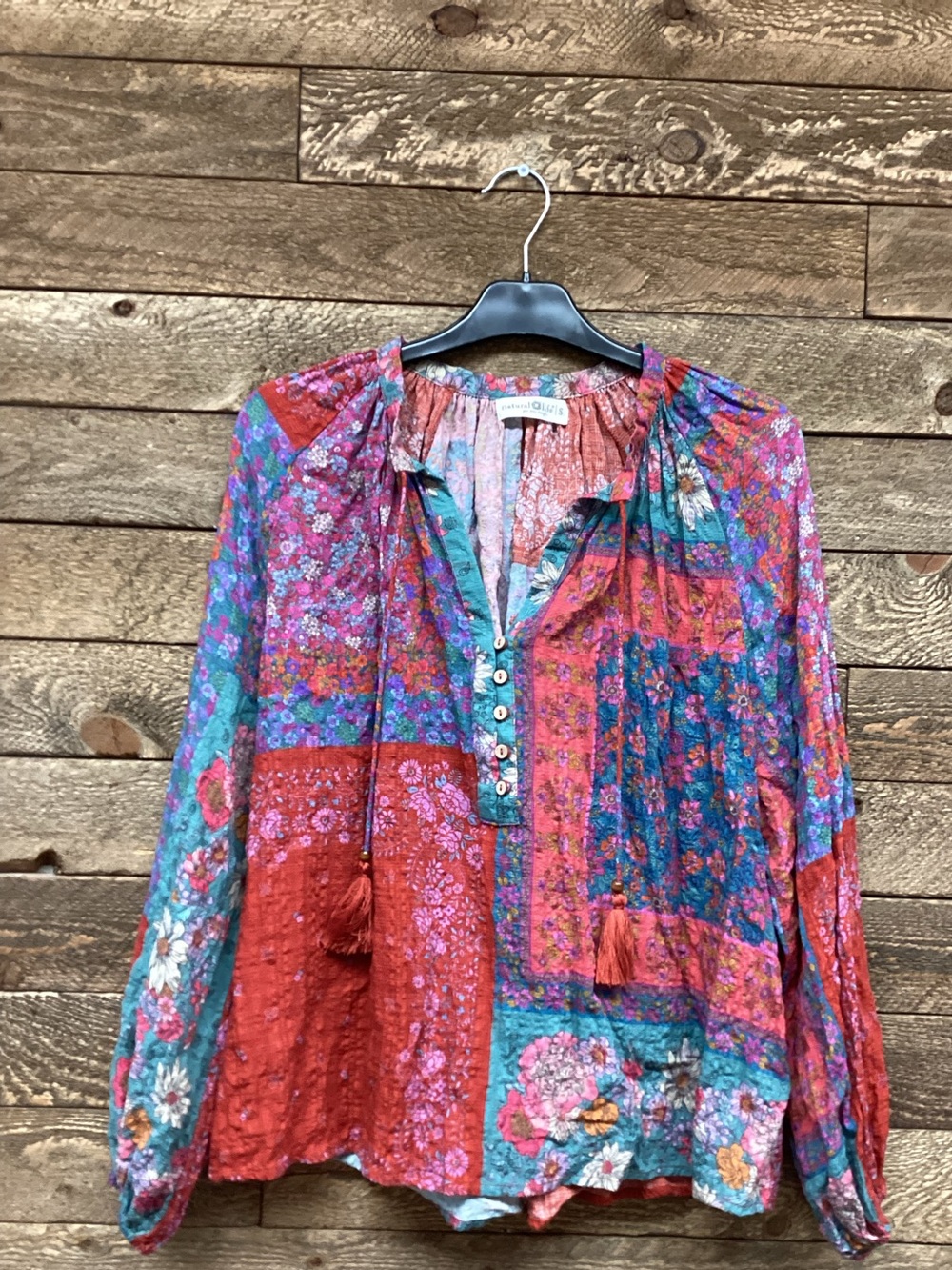 NATURAL LIFE Red Teal Purple Floral Patchwork Peasant Blouse